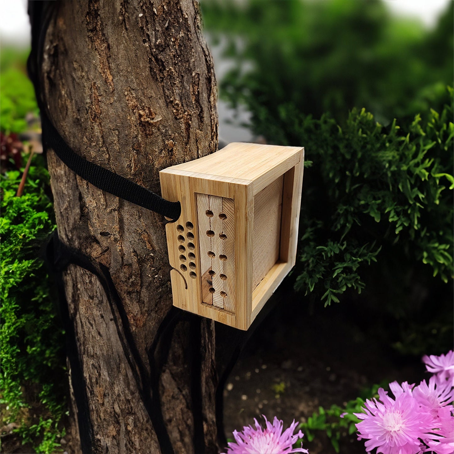 Minimalist solitary bee house made of bamboo - tree satchel-style