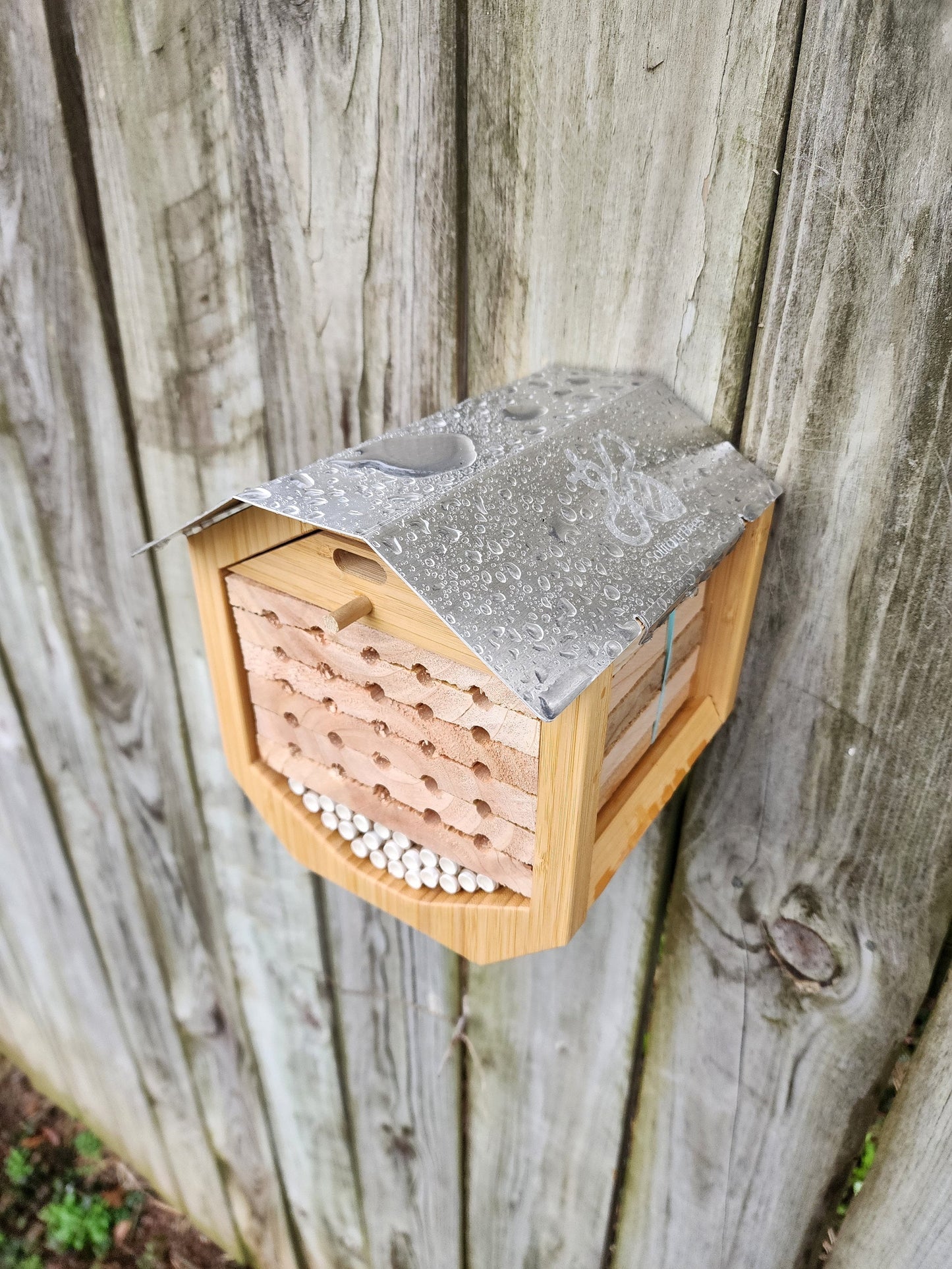 Solitary Native Bee House - Eco-Friendly Bamboo, Cedar, and Etched Aluminum Roof - Perfect for Pollinator Gardens - hand made