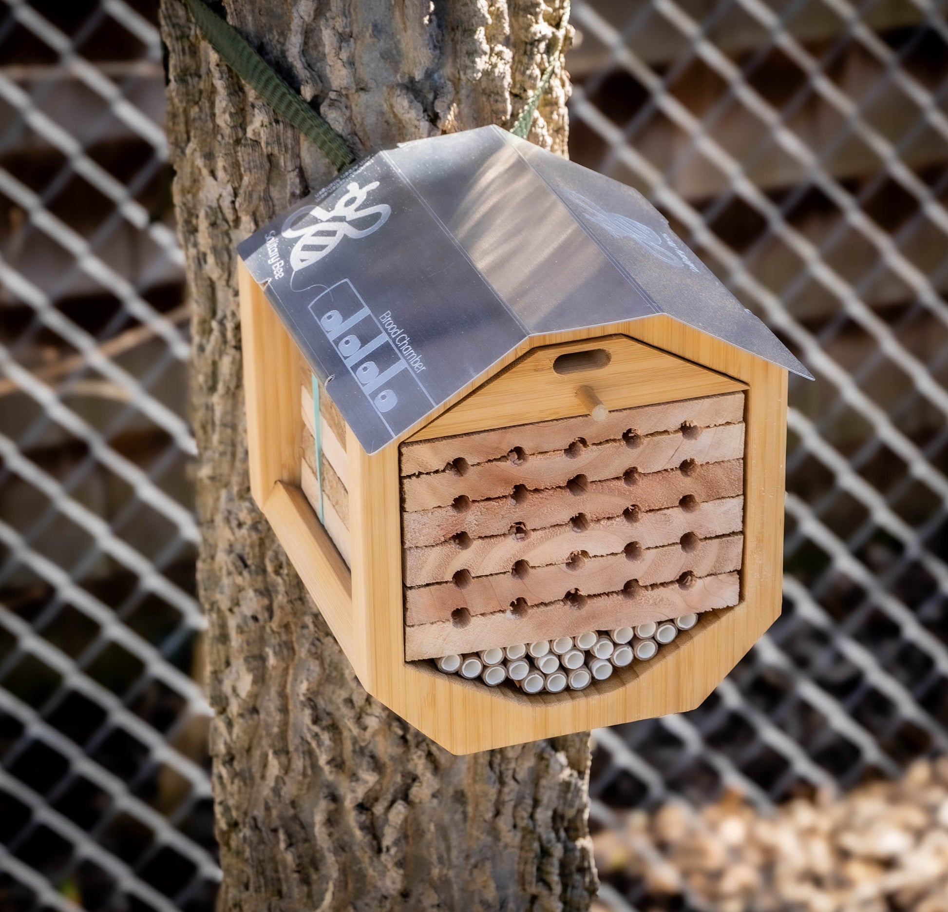 Solitary Native Bee House - Eco-Friendly Bamboo, Cedar, and Etched Aluminum Roof - Perfect for Pollinator Gardens - hand made