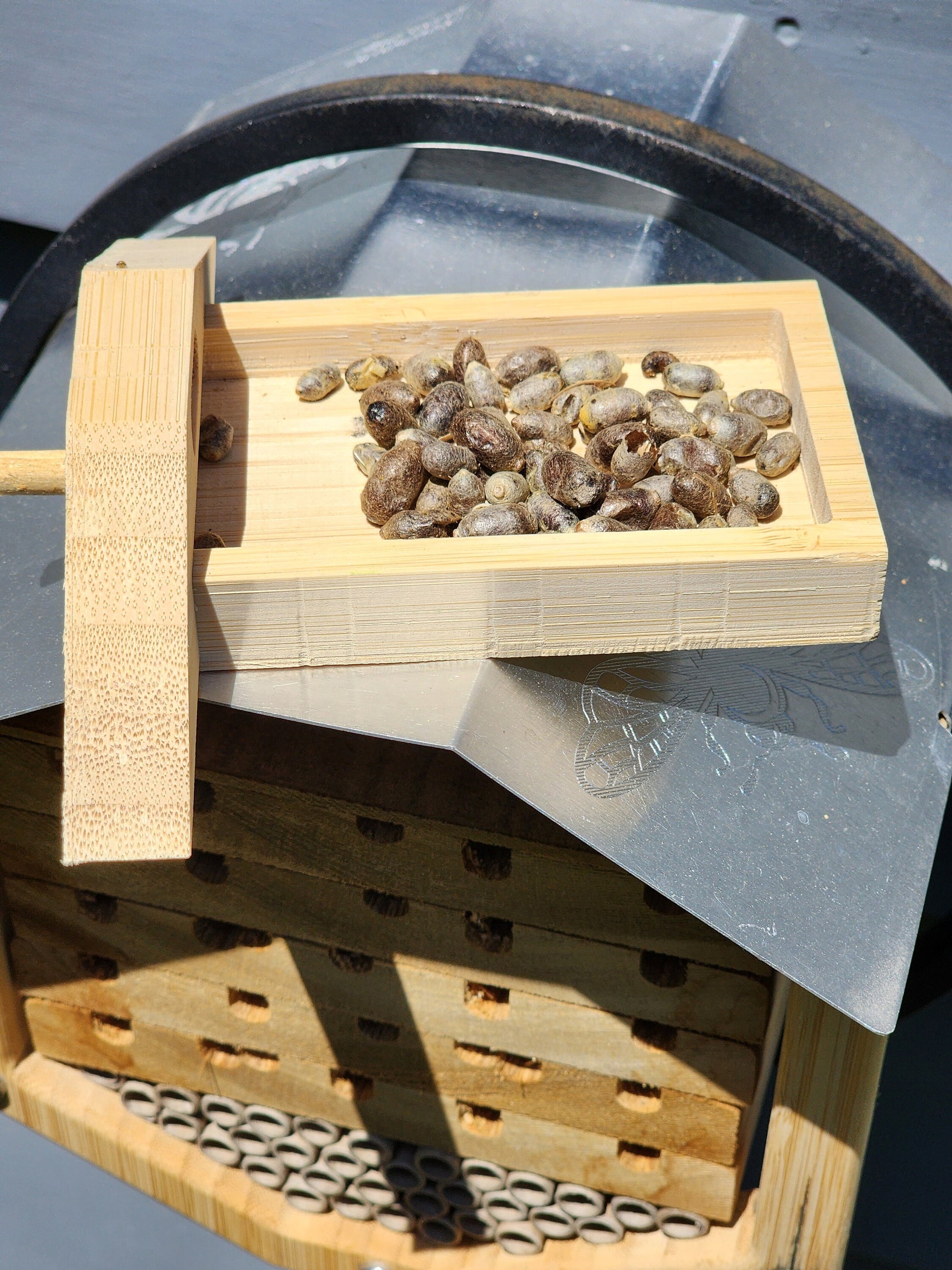 Solitary Native Bee House - Eco-Friendly Bamboo, Cedar, and Etched Aluminum Roof - Perfect for Pollinator Gardens - hand made